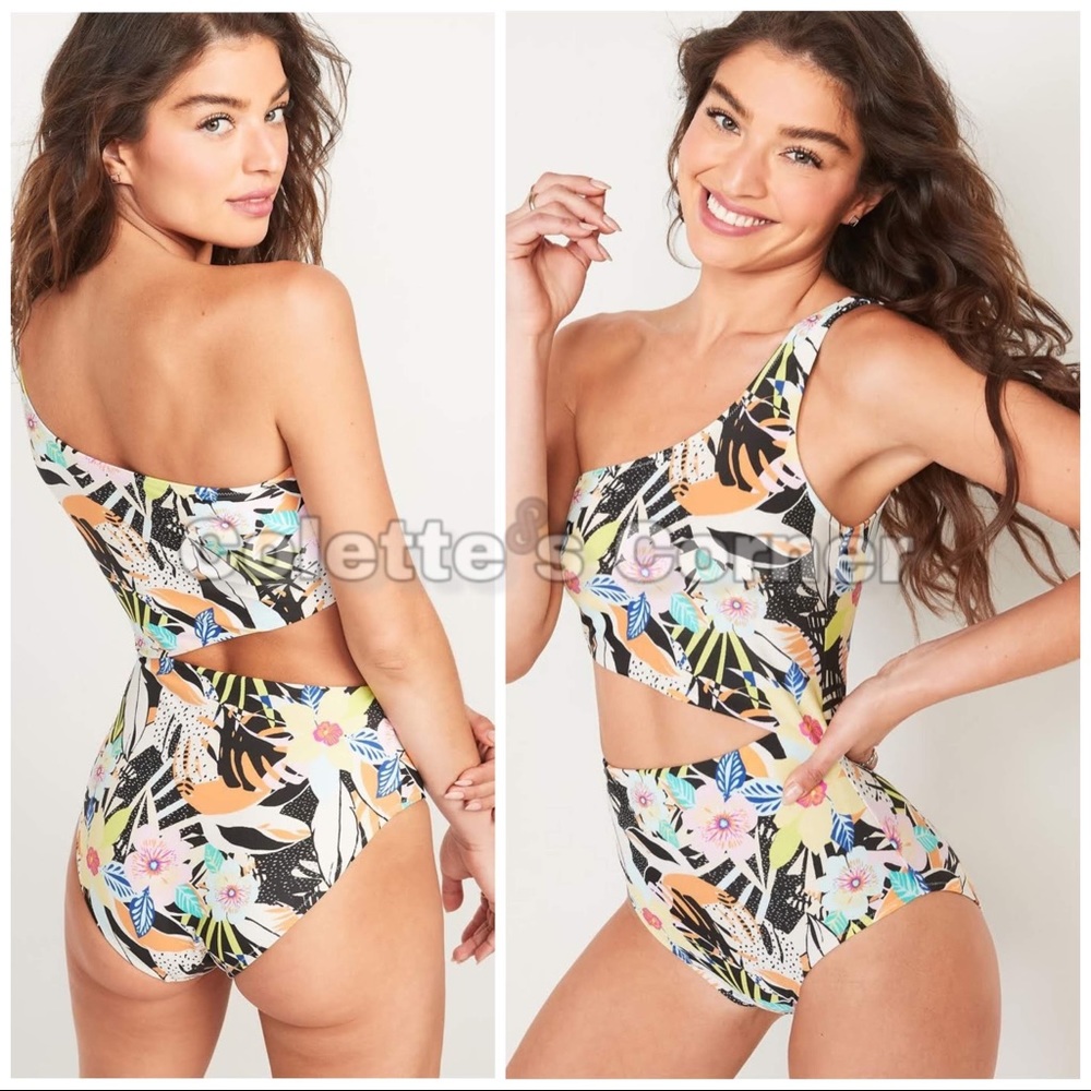 Old Navy One-Shoulder Side-Cutout One-Piece Tropical Print Swimsuit Size XL